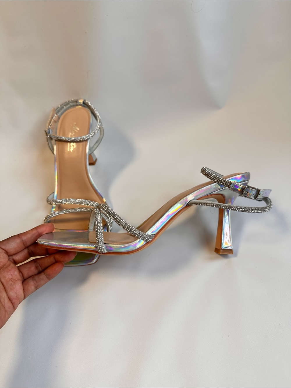 Iridescent Multi-Color Strappy Heels with Silver Rhinestone Accents - Picture 3 of 7